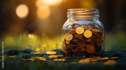 Golden coins stacked in a glass jar on a textured surface during the evening ...