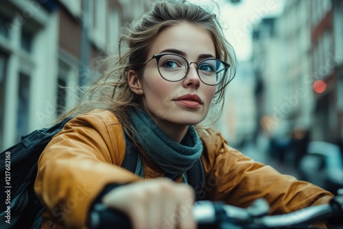 Young woman riding bicycle through urban street with vintage style and glasse...