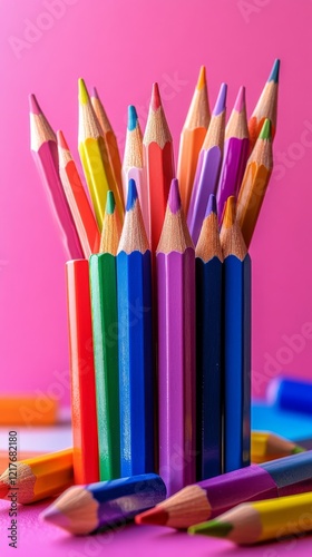 Colorful pencils arranged in a vibrant display on a bright pink background