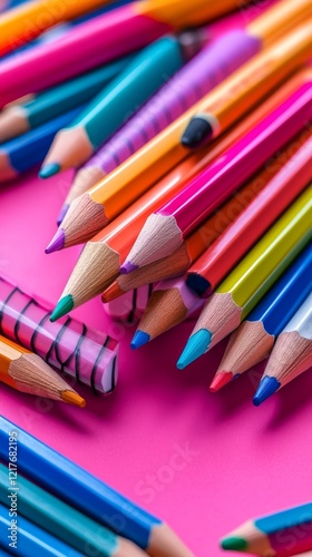 Colorful pencils arranged in a vibrant display on a bright pink background