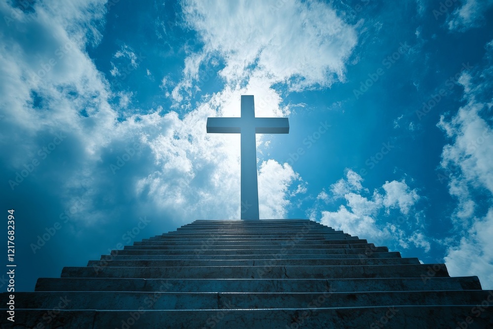Sunlight shining through cross at top of stone steps under blue sky Sunlight shining through cross at top of stone steps under blue sky