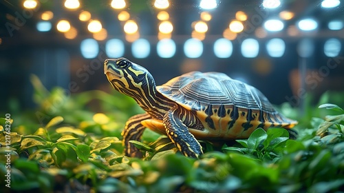 Colorful turtle resting on lush greenery in a well-lit aquarium habitat