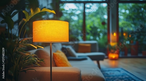 Cozy living room with warm lighting and plants in a serene environment during...