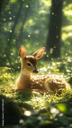 Young fawn resting on green grass in a sunny forest clearing surrounded by trees