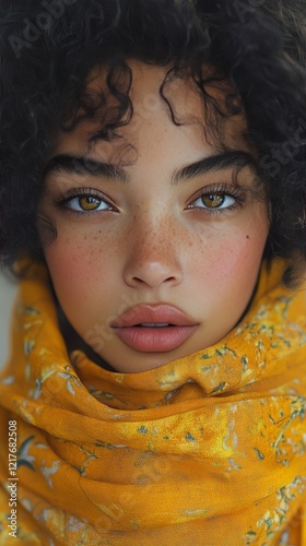 Beautiful woman with curly hair in a vibrant yellow scarf showcasing natural ...