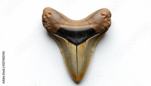 Fossilized tooth with distinctive serrations on white background, teeth, sharktooth photo