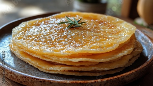 Delicious sweet pancakes stacked on a plate with a decorative herb on top