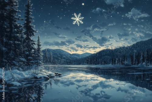 Snow covers a cozy house at dusk with sparkling stars in the winter sky
