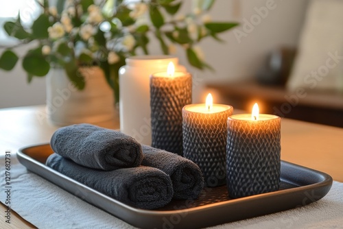 Soft towels and candles arranged on a tray beside a window in a serene bathro...