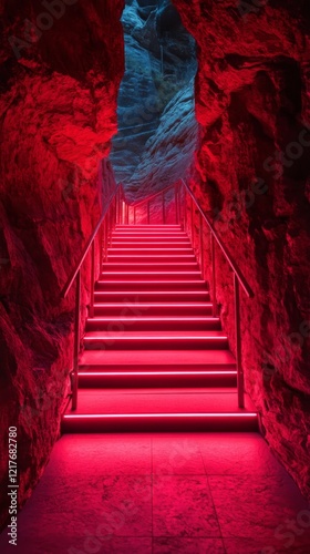 Stairway illuminated by red light inside a rocky cave with natural stone walls