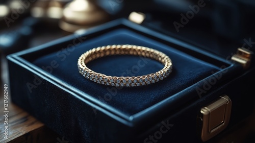 Elegant gold bracelet displayed in a luxurious jewelry store setting with sof...