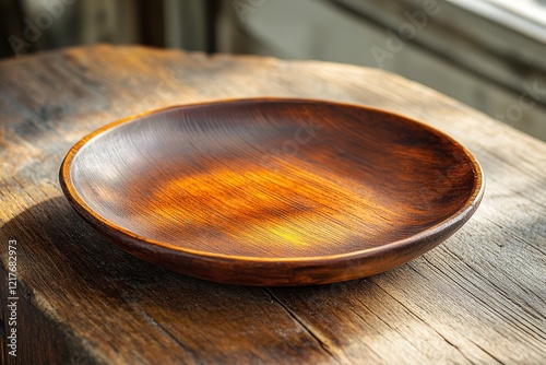 Handcrafted wooden plate resting on rustic wooden surface with natural light ...