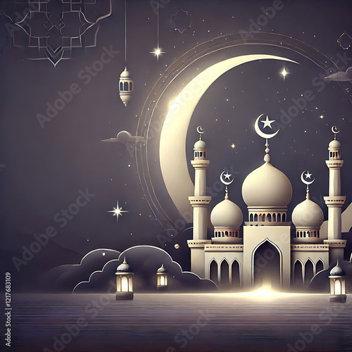 Beautiful mosque with crescent moon shape Eid Al Adha image, hijri new year background

