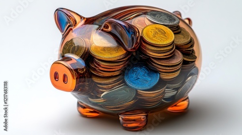 Colorful glass piggy bank filled with coins reflecting savings methods and fi...