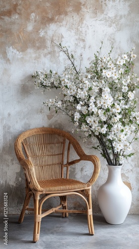 Rattan chair beside white flowers in a modern interior setting with soft light