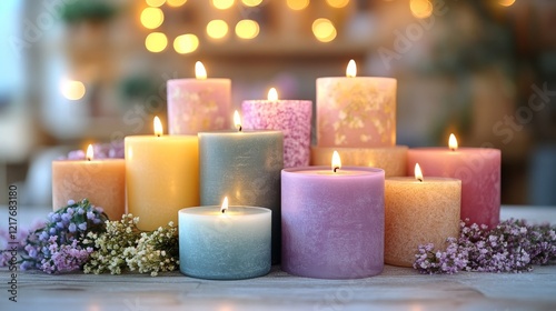 Tranquil setting with blooming cherry blossoms and lit candles on a rustic wo...
