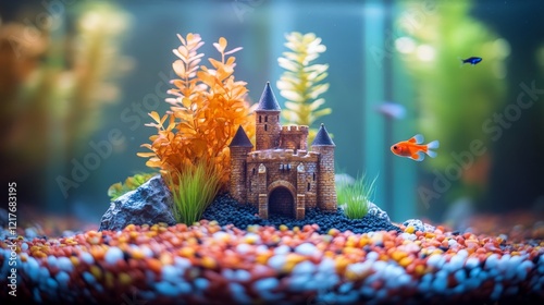 Goldfish swim around a colorful castle in a vibrant aquarium with decorative ...