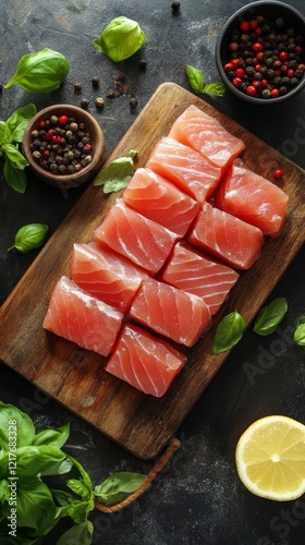 Freshly cut salmon fillets arranged on a wooden board garnished with herbs an...
