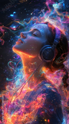 Young woman enjoying music with glowing cosmic effects in a dark studio setting