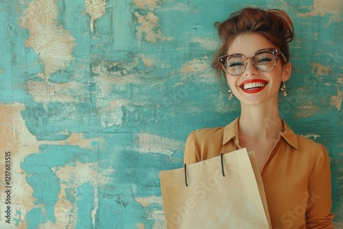 Young woman smiling brightly while holding shopping bags in a colorful tropic...