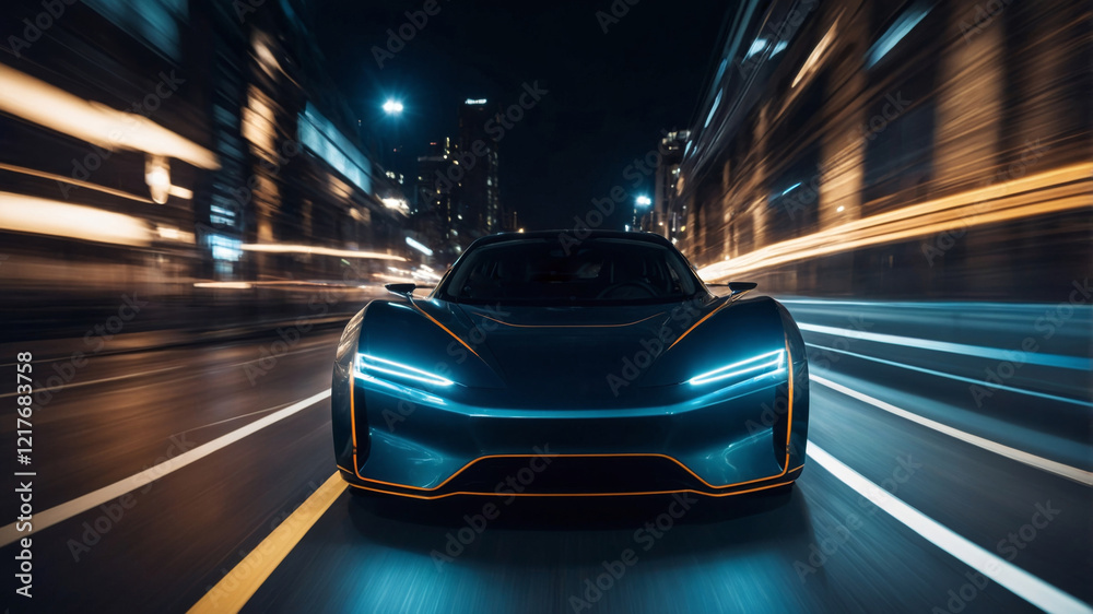 Fototapeta premium Sleek electric car driving through city streets at night with glowing lights