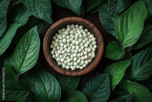 White herbal pills resting in a wooden bowl surrounded by green leaves on a n...