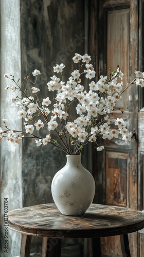 Elegant white flowers arranged in a vase against a textured blue background