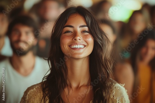 Happy woman with long dark hair smiles during an event in a vibrant, crowded ...