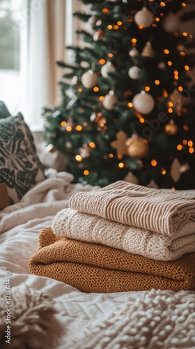 Cozy knitted blankets arranged near a beautifully decorated Christmas tree wi...