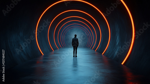 Wallpaper Mural Person standing in illuminated tunnel at night Torontodigital.ca