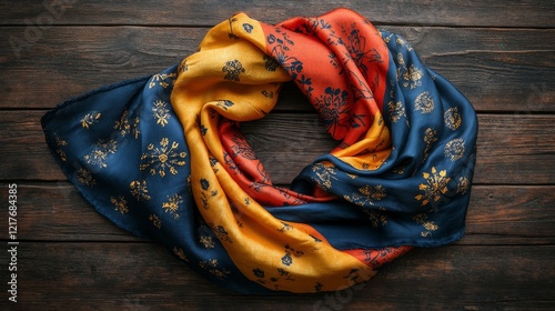 Stylish scarf draped elegantly on a wooden table showcasing vibrant colors an...