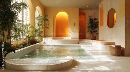 Serene interior of modern leisure facility with natural light and minimalist ...