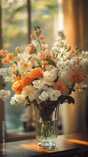 Beautiful floral arrangement in a glass vase on a wooden table near a sunny w...