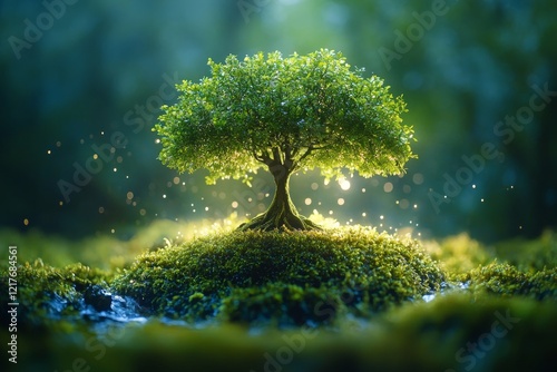 Serene green tree on a mossy hill illuminated by soft light in a tranquil for...