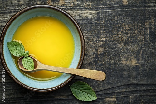 Golden Soup in a Bowl with Wooden Spoon photo