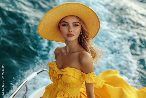 Young woman wearing a straw hat stands in a colorful boat by a serene body of...