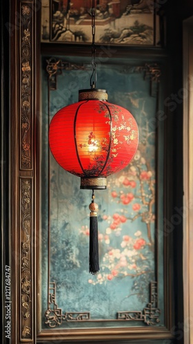 Red lantern illuminating traditional decor in a vintage indoor setting