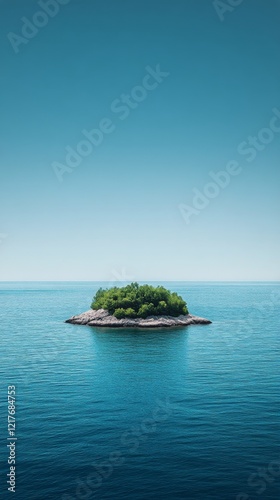 Lush green island surrounded by calm blue ocean under a bright sky with scatt...