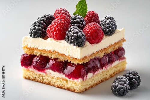 Layered cake with fresh raspberries and blackberries on top ready for a celeb...
