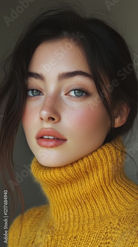 Young woman in a vibrant yellow sweater with a stylish turtleneck on a neutra...