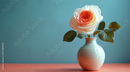 White rose in a simple vase against an orange wall with sunlight streaming in