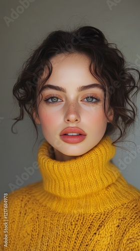 Young woman in a vibrant yellow sweater with a stylish turtleneck on a neutra...