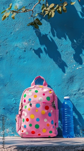Bright backpack and water bottle against a vibrant blue wall in outdoor setting