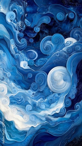 Dynamic waves in shades of blue with swirling clouds in an abstract art piece