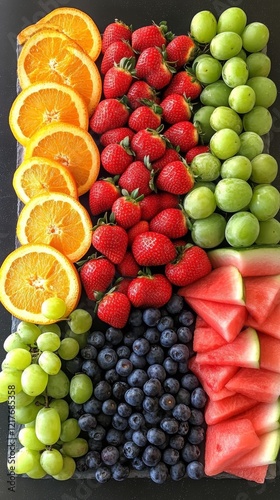 Fresh fruit platter featuring oranges, strawberries, grapes, blueberries, and...