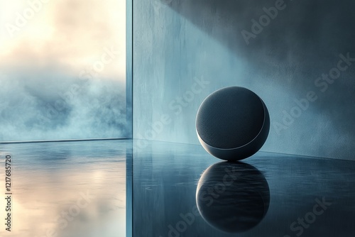 Decorative blue orb casting soft light on a reflective surface in a serene in...