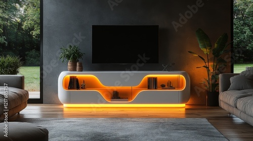 Modern living room design featuring stylish furniture and ambient lighting in...