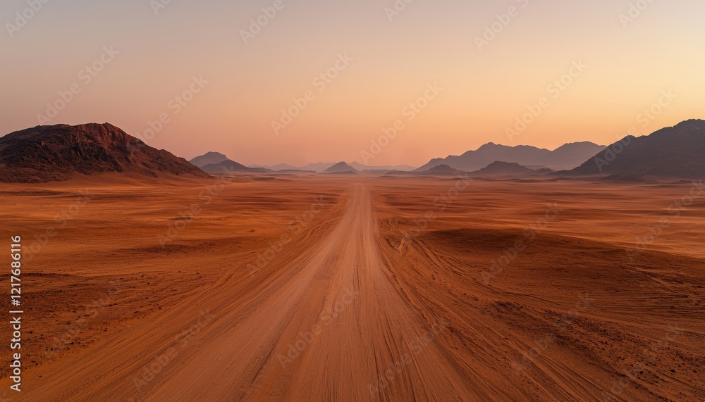 Fototapeta premium Serene Desert Landscape with Endless Road and Mountain Range at Dusk