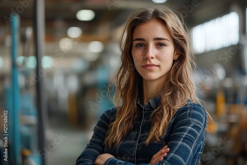 Confident woman standing in a warehouse with crossed arms and a focused expre...