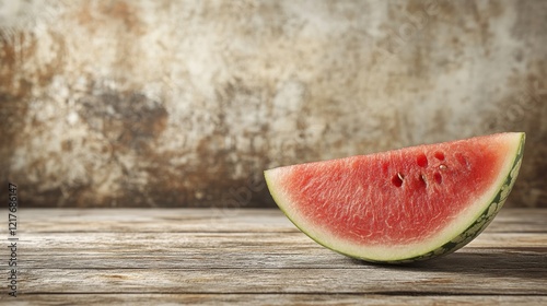 Fresh watermelon slice on rustic wooden table in natural light